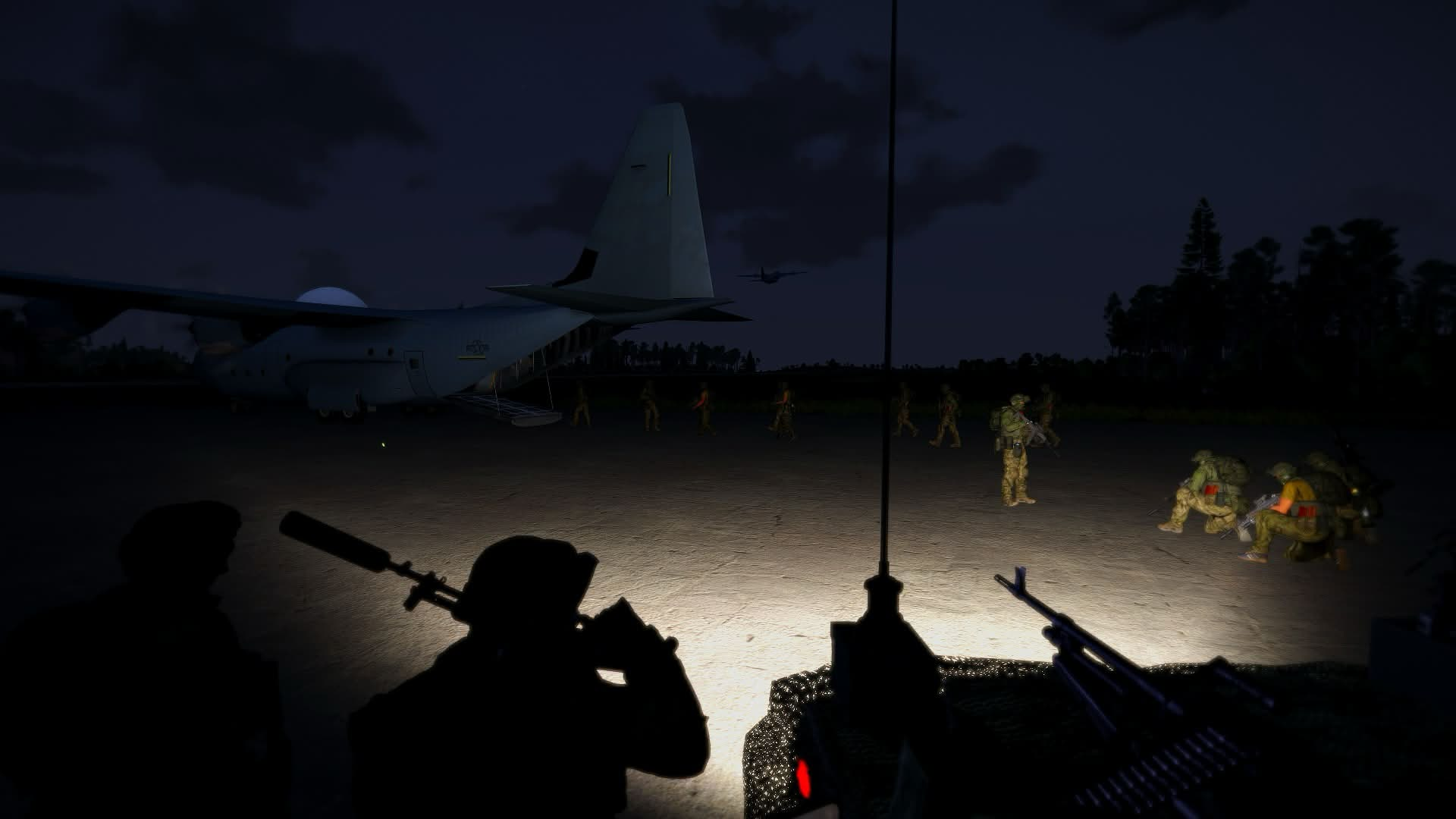 An Arma 3 night airfield with infantry gathering beside a military transport aircraft.