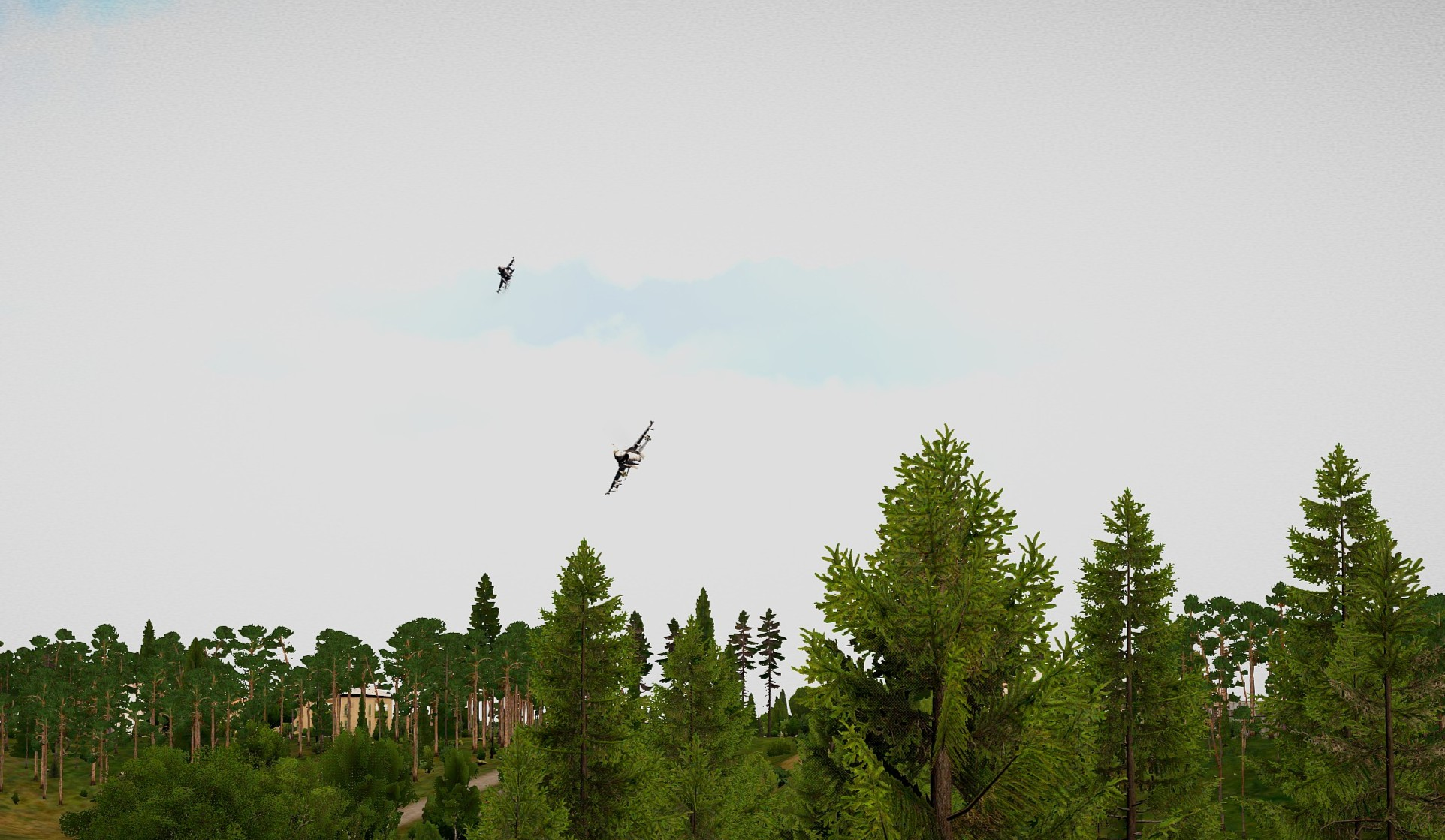 Two jets banking over a forest in Arma 3.