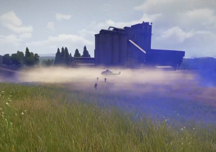 An Arma 3 helicopter landing in a dusty field as infantry approach.