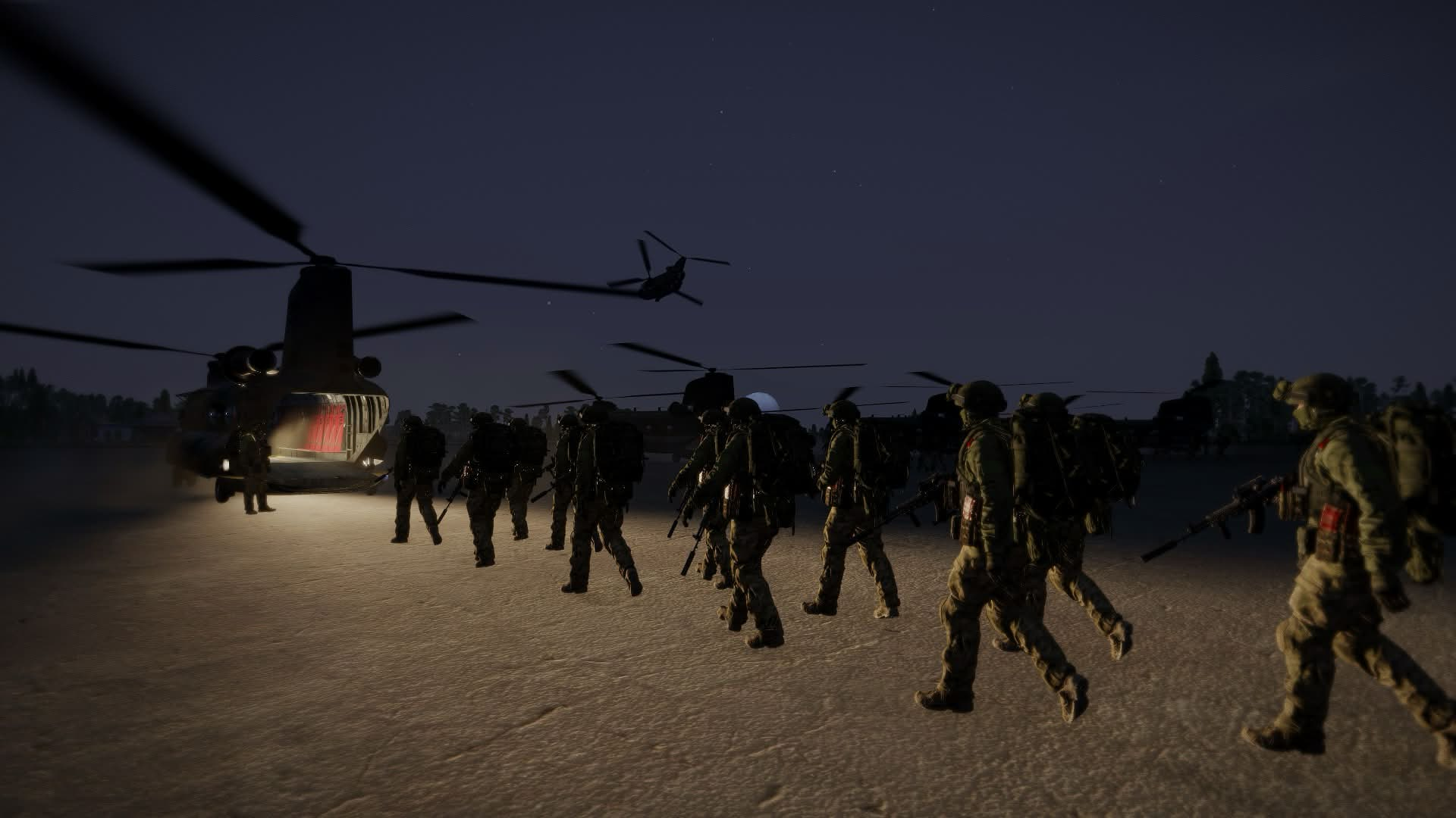An Arma 3 infantry formation approaching transport helicopters on a nighttime landing zone.