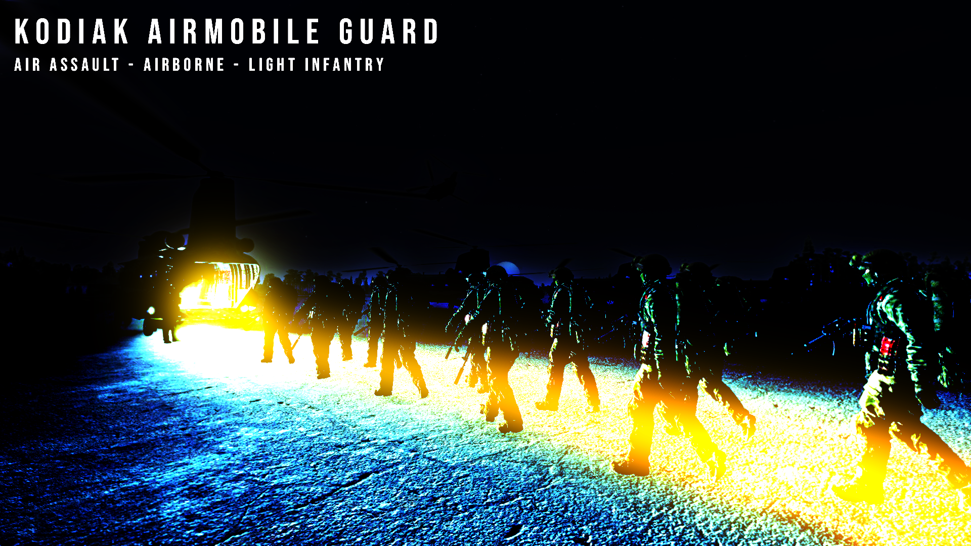 Kodiak Airmobile Guard — Air Assault, Airborne, Light Infantry. Soldiers approach transport helicopters in a high-contrast blue and gold nighttime scene.