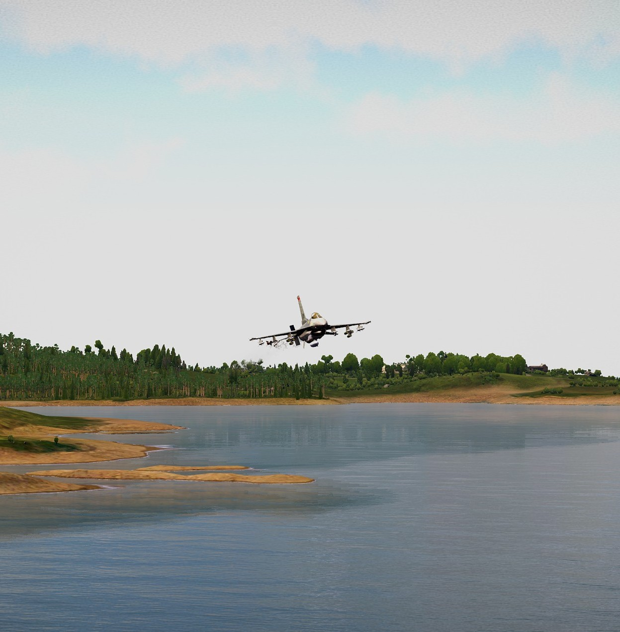 An Arma 3 jet making a low pass over a lake.
