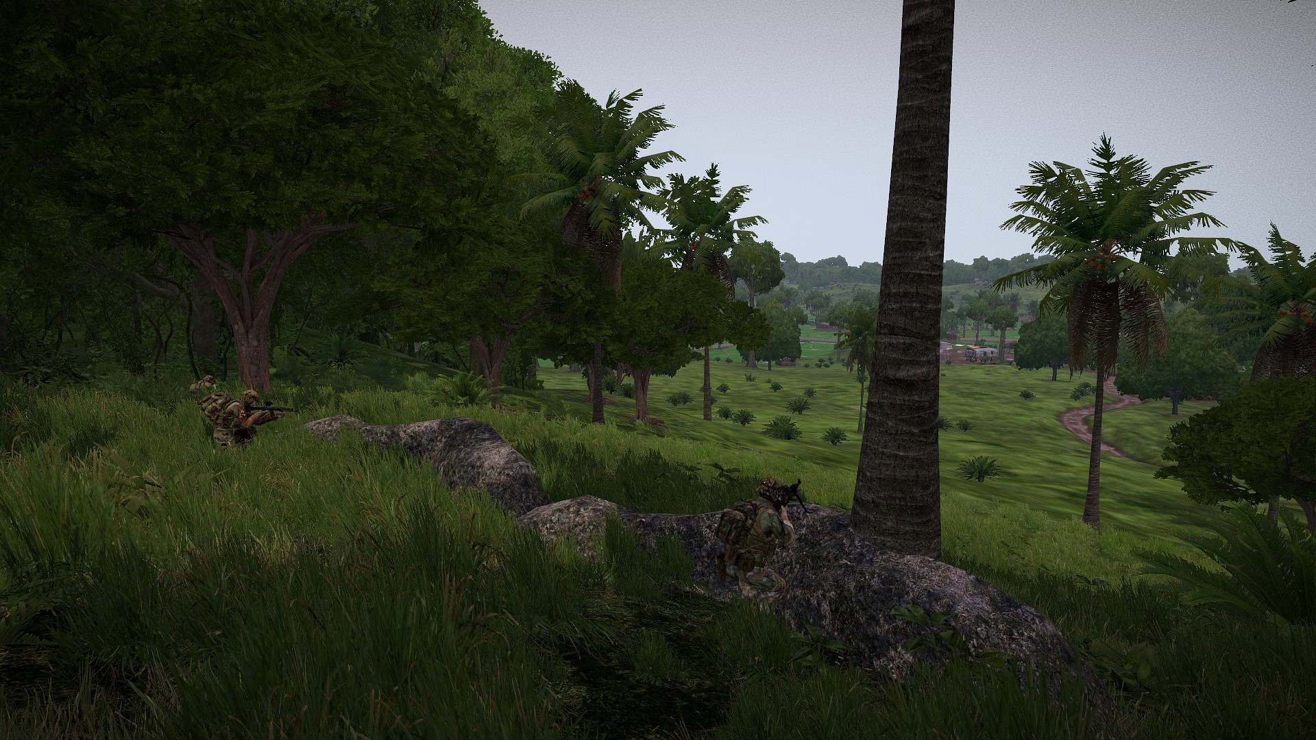 Two Arma 3 infantry members watching a tropical valley from cover among trees and rocks.