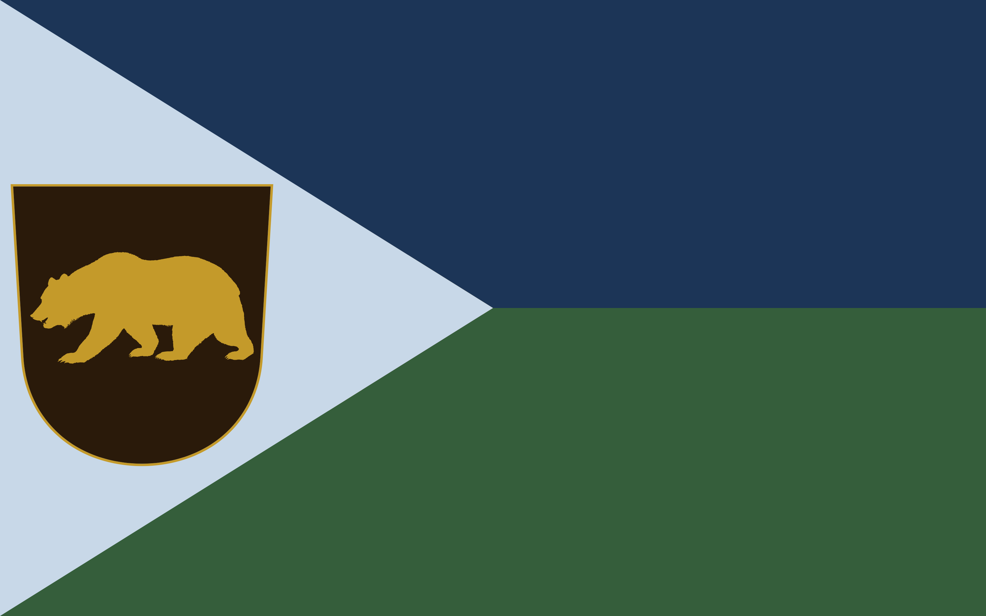 The national flag: navy and green fields, a pale blue chevron, and a gold bear crest