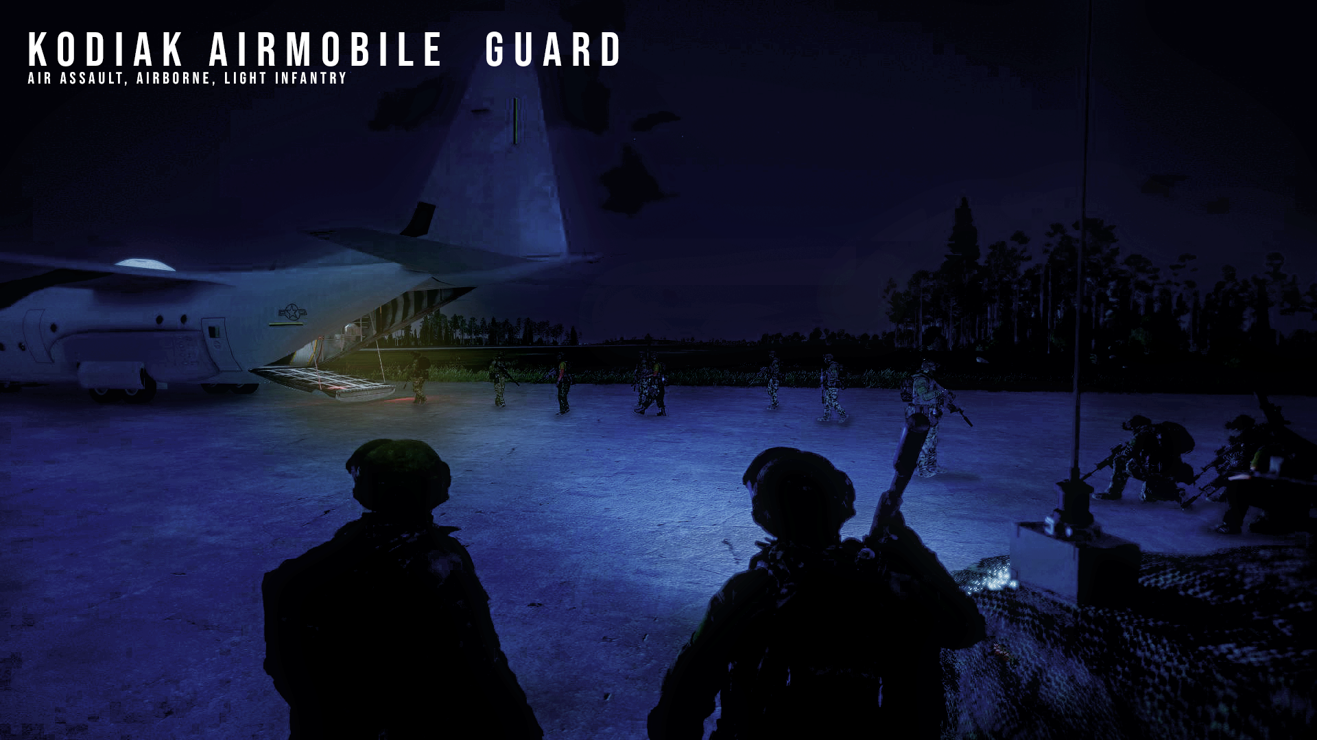 Kodiak Airmobile Guard — Air Assault, Airborne, Light Infantry. Infantry gather near a transport aircraft on a blue-lit nighttime airfield in Arma 3.