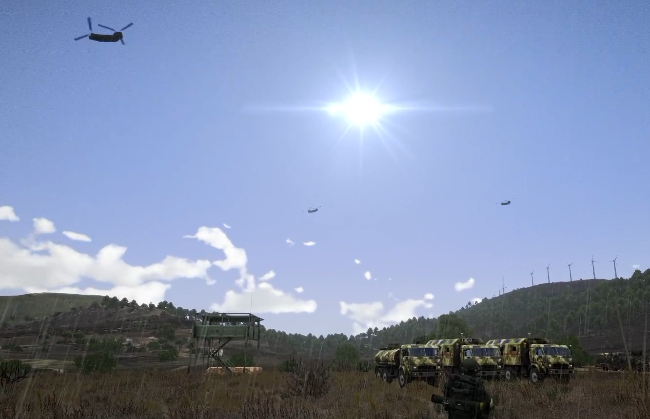 Transport helicopters passing above military vehicles and an observation tower in Arma 3.
